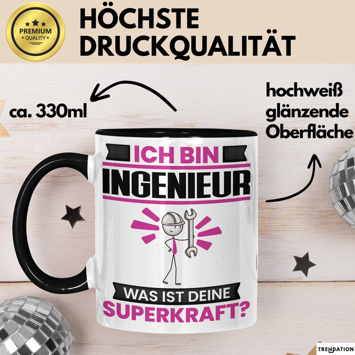 Ingenieur Tasse Geschenk für Ingenieur Geburtstag Lustiger Spruch Kaffee-Becher Was Ist Deine Superkraft Schwarz Trendation