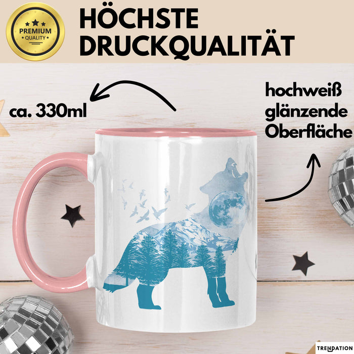Wolf Tasse Geschenk Heulender Wolf Vögel Mond Silhouetten Geschenkidee Lustig Rosa Trendation