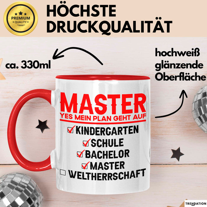 Master Absolvent Abschluss Tasse Geschenk Lustige Geschenkidee Spruch Master Yes Mein Plan Geht Auf Rot Trendation