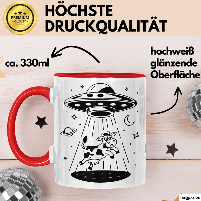 Sci-Fi Nerd Tasse Geschenkidee UFO entführt Kuh Weltraum Fan Geschenkidee Lustig Rot Trendation