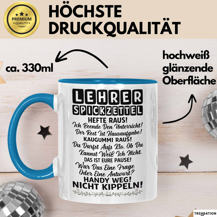 Unterricht Lehrer Wertschätzung Tasse Geschenk Lustige Geschenkidee Spruch Lehrer Spickzettel Blau Trendation