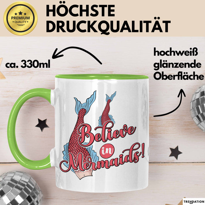 Meerjungfrau Geschenk Tasse für Mädchen Nymphe Nixe Becher Grafik Believe In Mermaids Grün Trendation