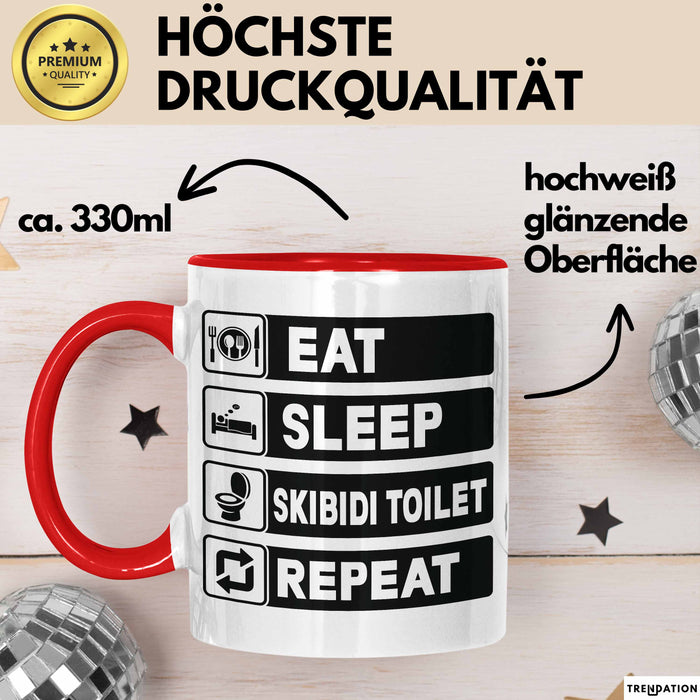Skibidi Toilet Tasse Geschenk Meme Eat Sleet Repeat Becher Geschenkdiee Rot Trendation