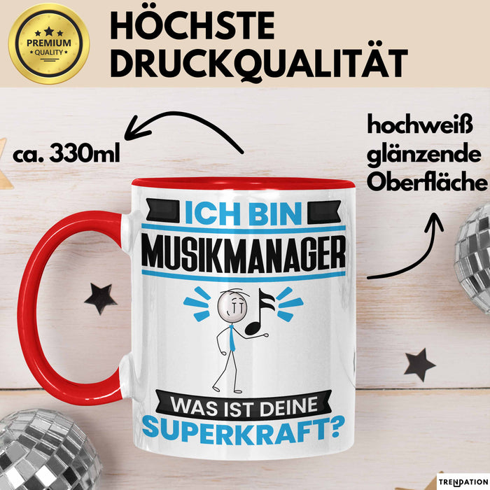 Musikmanager Tasse Geschenk für Musikmanager Geburtstag Lustiger Spruch Kaffee-Becher Was Ist Deine Superkraft Rot Trendation