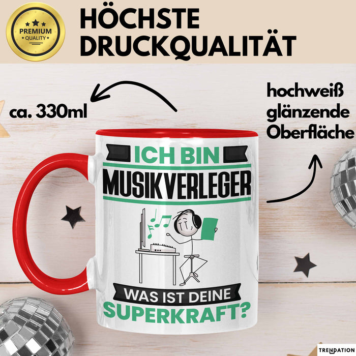 Musikverleger Tasse Geschenk für Musikverleger Geburtstag Lustiger Spruch Kaffee-Becher Was Ist Deine Superkraft Rot Trendation