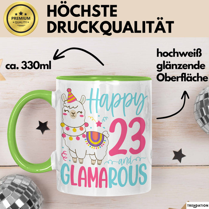 23er Geburtstag Tasse Geschenk Happy 23 And Glamarous Llama Alpaka Liebhaber Geschenkidee zum Geburtstag Grün Trendation