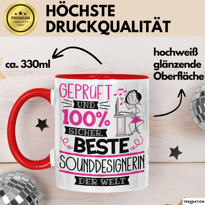 Beste Sounddesignerin Der Welt Tasse Geschenk für Eine Sounddesignerin Geprüft Und Sicher Geschenkidee Geburtstag Weihnachten Rot Trendation