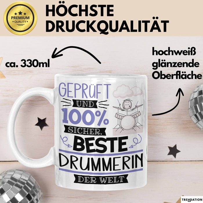 Beste Drummerin Der Welt Tasse Geschenk für Eine Drummerin Geprüft Und Sicher Geschenkidee Geburtstag Weihnachten Weiß Trendation