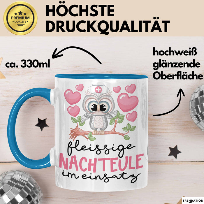 Frau Geschenk Tasse Fleissige Nachteule Im Einsatz Geschenkdiee Für Eulen-Fans Kaffee-Becher Blau Trendation