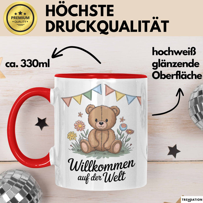 Baby Geburt Neue Eltern Tasse Geschenk Lustige Geschenkidee Spruch Willkommen Auf Der Welt Rot Trendation