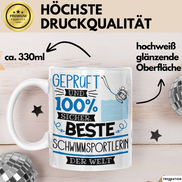 Beste Schwimmsportlerin Der Welt Tasse Geschenk für Eine Schwimmsportlerin Geprüft Und Sicher Geschenkidee Geburtstag Weihnachten Weiß Trendation