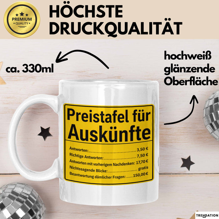 Büroarbeit Kollege Tasse Geschenk Lustige Geschenkidee Spruch Preistafel Für Auskünfte Weiß Trendation