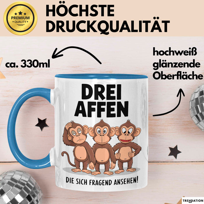 Affe Tier Tasse Geschenk Lustige Geschenkidee Spruch 3 affen Die Sich Fragend Ansehen Blau Trendation