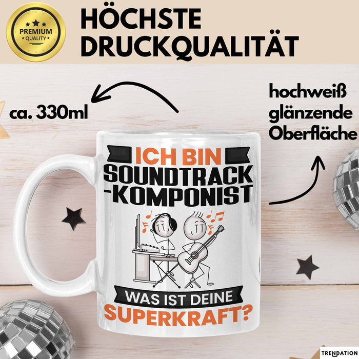 Soundtrack-Komponist Tasse Geschenk für Soundtrack-Komponist Geburtstag Lustiger Spruch Kaffee-Becher Was Ist Deine Superkraft Weiß Trendation
