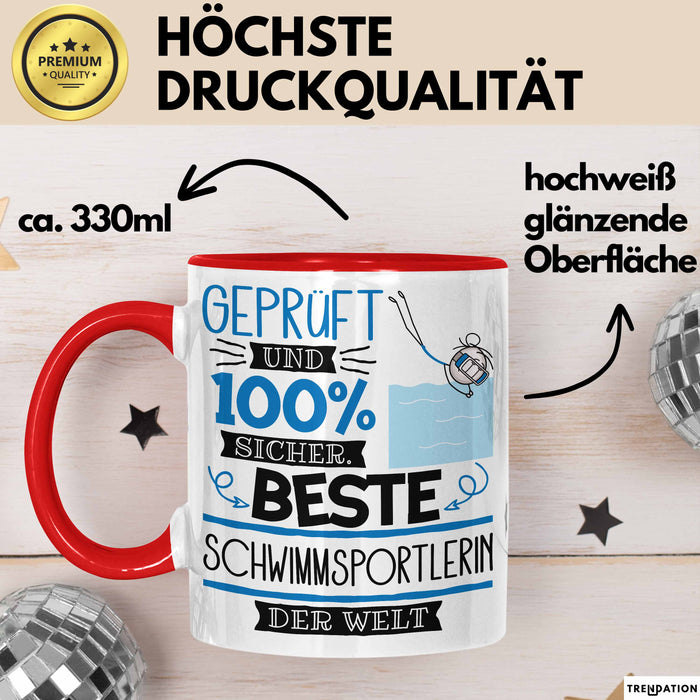Beste Schwimmsportlerin Der Welt Tasse Geschenk für Eine Schwimmsportlerin Geprüft Und Sicher Geschenkidee Geburtstag Weihnachten Rot Trendation
