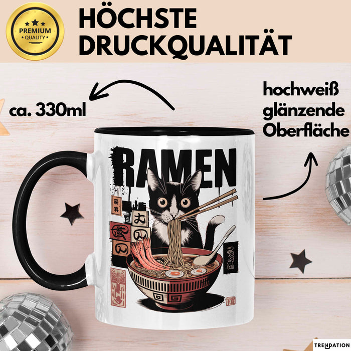 Katzen Tierliebhaber Tasse Geschenk Lustige Geschenkidee Spruch Katze Isst Ramen Nudeln Schwarz Trendation