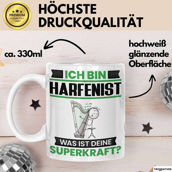 Harfenist Tasse Geschenk für Harfenist Geburtstag Lustiger Spruch Kaffee-Becher Was Ist Deine Superkraft Weiß Trendation
