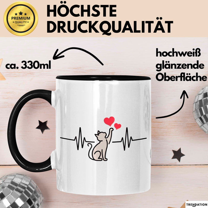 Katzen Tierliebhaber Herzschlag Tasse Geschenk Lustige Geschenkidee Spruch Schwarz Trendation