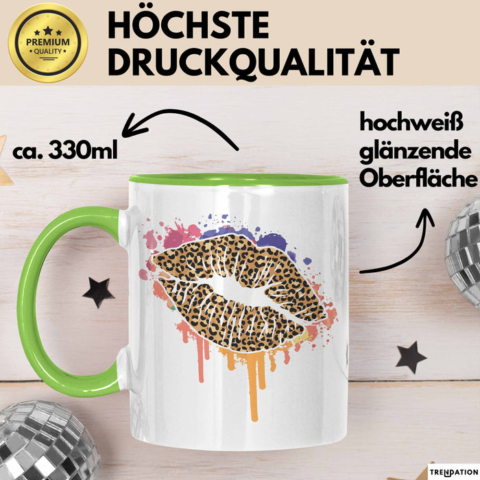 Leoparden Lippen Tasse Geschenk Cool Lips Kiss Leopardenmuster Kaffee-Tasse Geschenkidee Grün Trendation