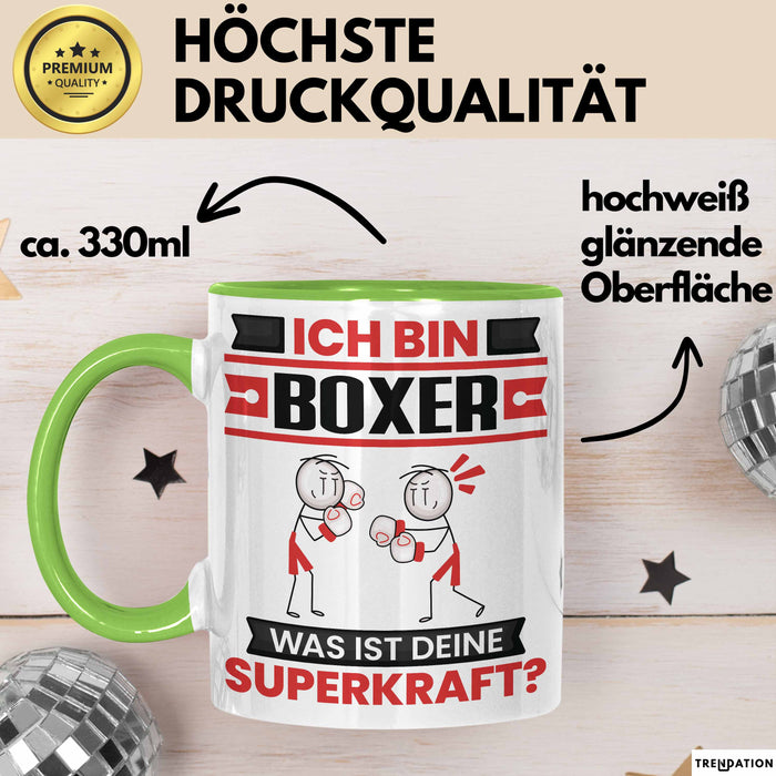 Boxer Tasse Geschenk für Boxer Geburtstag Lustiger Spruch Kaffee-Becher Was Ist Deine Superkraft Grün Trendation