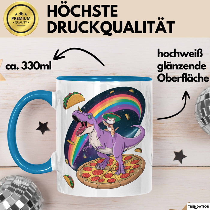 Katzen Tasse Geschenk Katze reitet Dinosaurier & isst Pizza Blau Trendation