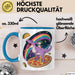 Katzen Tasse Geschenk Katze reitet Dinosaurier & isst Pizza Blau Trendation