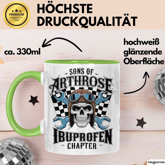 Biker Fahrradfahrer Tasse Geschenk Lustige Geschenkidee Spruch Sons Of Arthrose Ibuprofen Chapter Grün Trendation