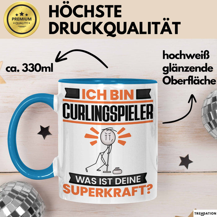 Curlingspieler Tasse Geschenk für Curlingspieler Geburtstag Lustiger Spruch Kaffee-Becher Was Ist Deine Superkraft Blau Trendation