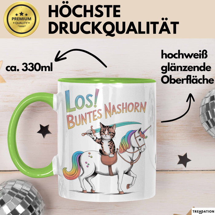 Sarkastische Katze Pferd Tasse Geschenk Buntes Nashorn Grün Trendation