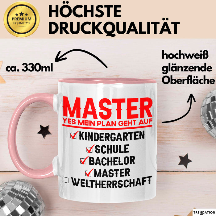 Master Absolvent Abschluss Tasse Geschenk Lustige Geschenkidee Spruch Master Yes Mein Plan Geht Auf Rosa Trendation