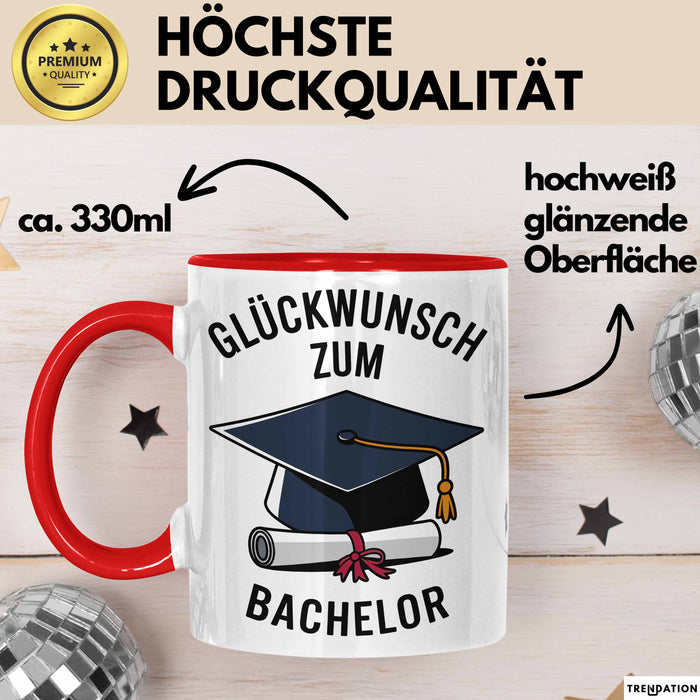 Schüler Abschluss Tasse Geschenk Lustige Geschenkidee Spruch Glückwunsch Zum Bachelor Rot Trendation