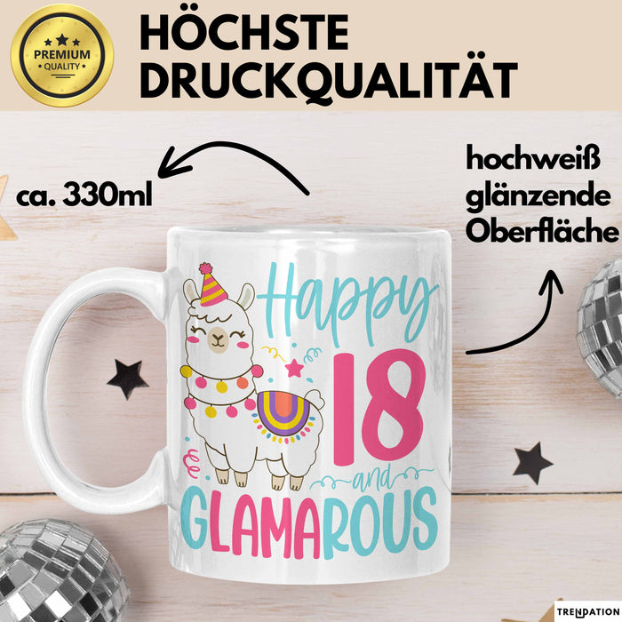 18er Geburtstag Tasse Geschenk Happy 18 And Glamarous Llama Alpaka Liebhaber Geschenkidee zum Geburtstag Weiß Trendation