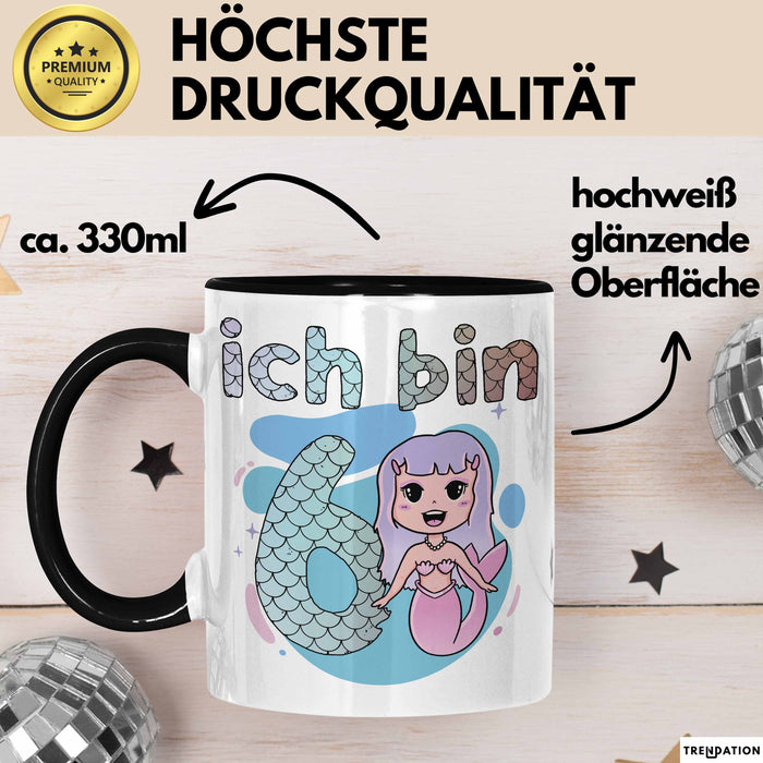 6. Geburtstag Mädchen Geschenk Meerjungfrau Geschenk Tasse für Mädchen Nymphe Nixe Becher Grafik Schwarz Trendation