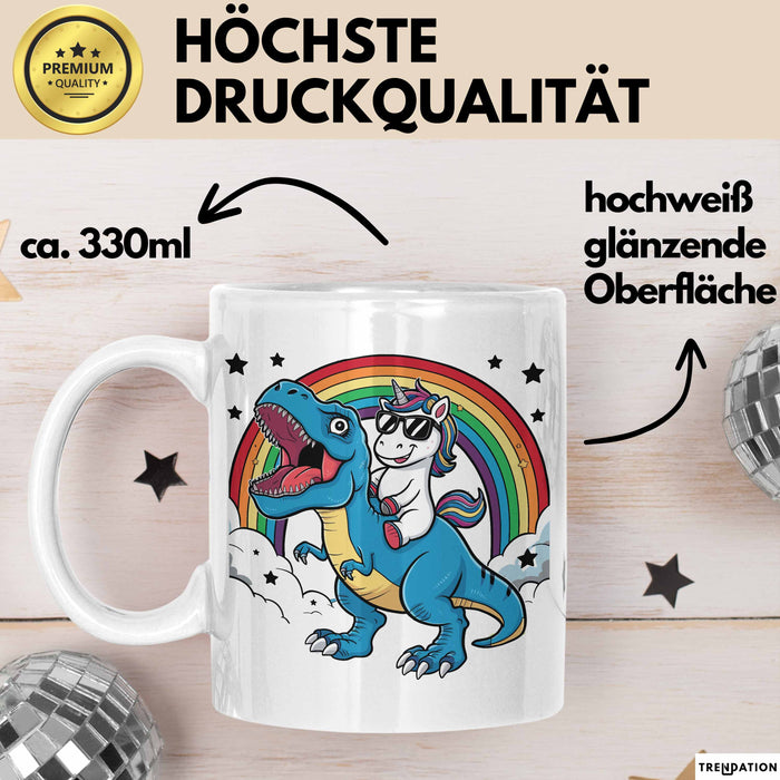 Einhorn Liebhaber Tasse Geschenk Einhorn Reitet Auf Dinosauriere T-Rex Dino Frauen Geschenk Weiß Trendation