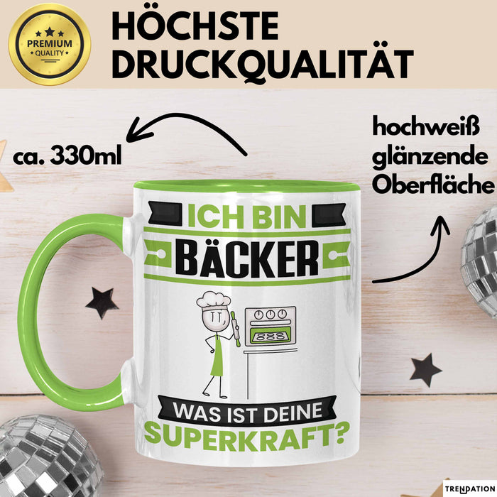 Bäcker Tasse Geschenk für Bäcker Geburtstag Lustiger Spruch Kaffee-Becher Was Ist Deine Superkraft Grün Trendation