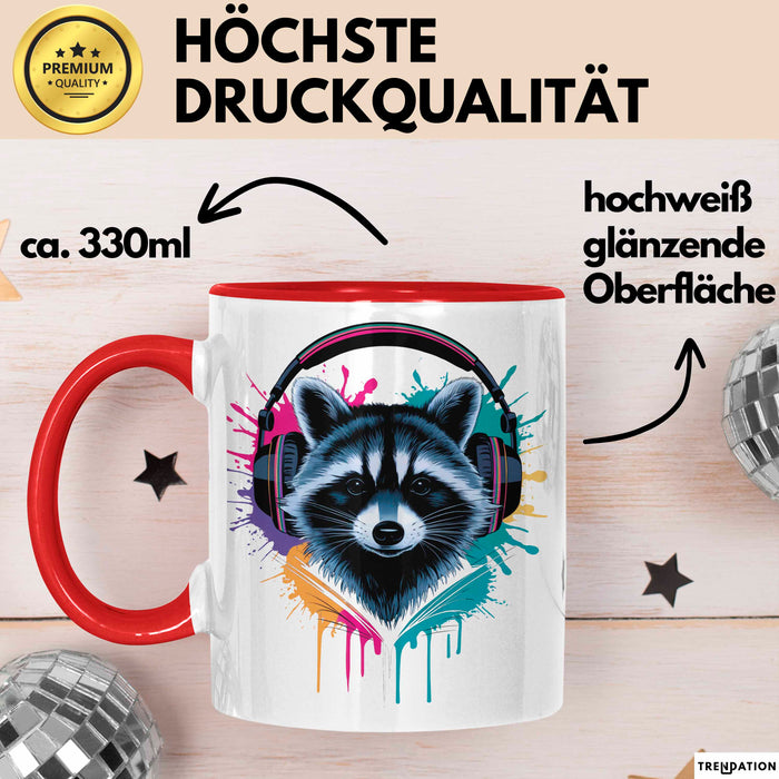 Waschbär Tierliebhaber Musik Kopfhörer Tasse Geschenk Lustige Geschenkidee Spruch Rot Trendation