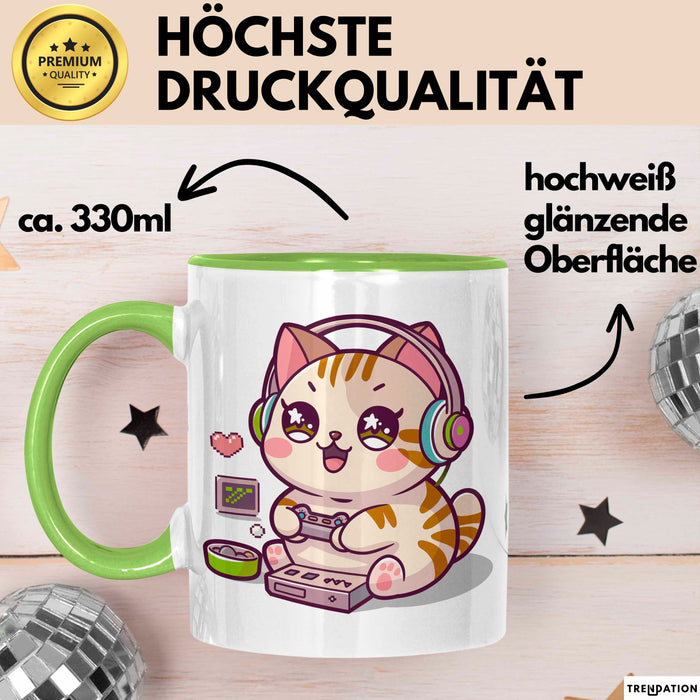 Katze Videospieler Tasse Geschenk Lustige Geschenkidee Grün Trendation