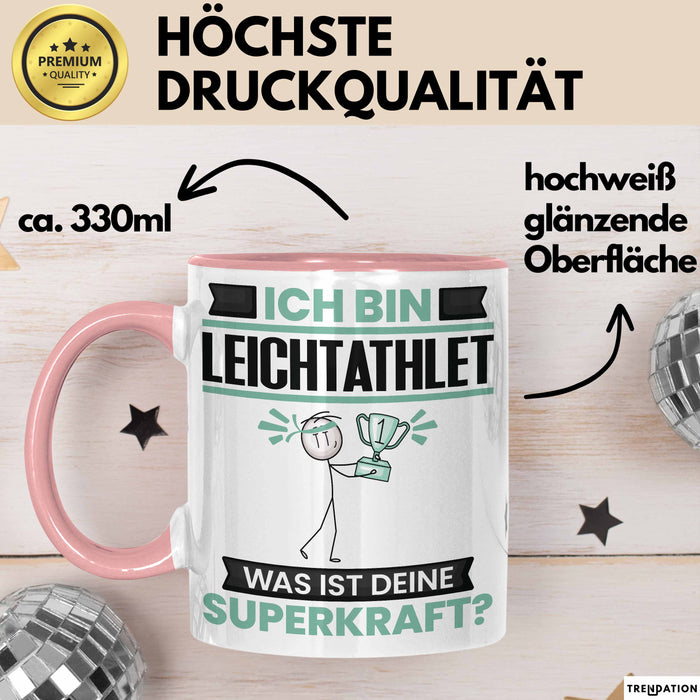 Leichtathlet Tasse Geschenk für Leichtathlet Geburtstag Lustiger Spruch Kaffee-Becher Was Ist Deine Superkraft Rosa Trendation