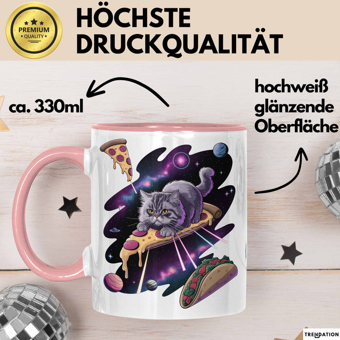 Pizzaesser Tasse Geschenk Katze isst Pizza im Weltall Lustig Rosa Trendation