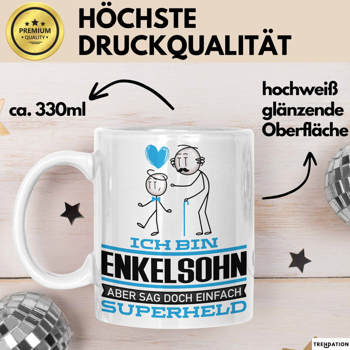 Enkelsohn Geschenk Tasse Ich Bin Enkelsohn Aber Sag Doch Einfach Superheld Lustige Geschenkdiee für Enkelsohn Kaffee-Becher Weiß Trendation