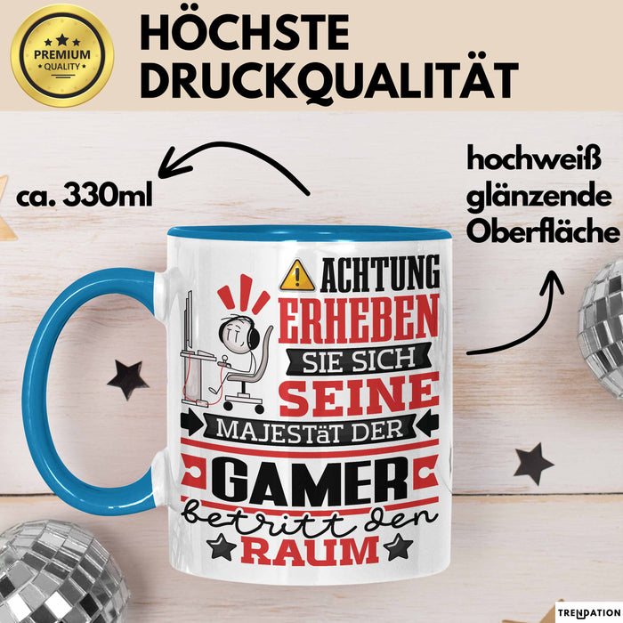 Gamer Geschenk Tasse Lustiger Spruch Erheben Sie Sich Der Gamer Betritt den Raum Blau Trendation