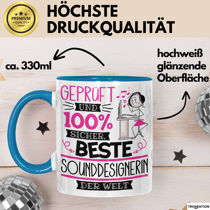 Beste Sounddesignerin Der Welt Tasse Geschenk für Eine Sounddesignerin Geprüft Und Sicher Geschenkidee Geburtstag Weihnachten Blau Trendation