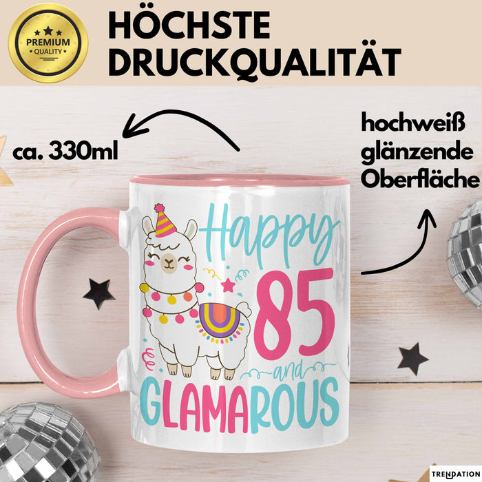 85er Geburtstag Tasse Geschenk Happy 85 And Glamarous Llama Alpaka Liebhaber Geschenkidee zum Geburtstag Rosa Trendation