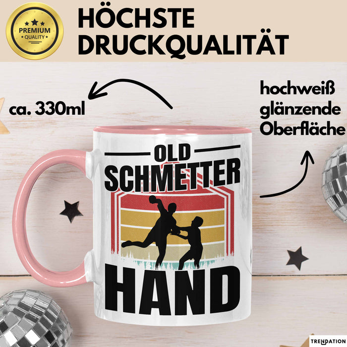 Handball Geschenk Tasse Geschenkidee Handball-Spieler Handballspielerin Mädchen Jungs Kaffee-Becher Old Schmetterhand Rosa Trendation