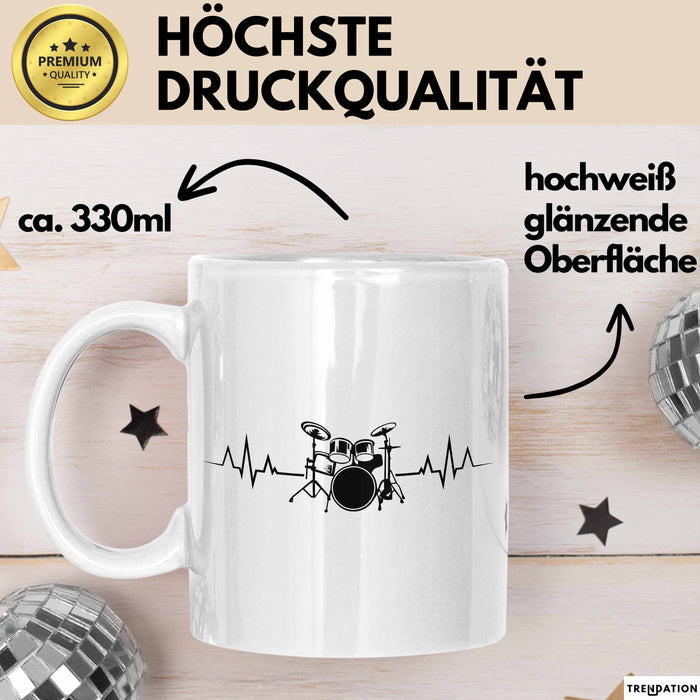 Drummer Schlagzeug-Spieler Geschenk Tasse Geschenkidee Kaffee-Becher Schlagzeuger Herzschlag Weiß Trendation