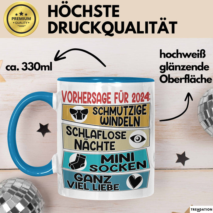 Schwangerschaft Verkünden 2025 Tasse Geschenk Mann Vorhersage für 2025 Schmutzige Windeln Schlaflose Nächte Kaffee-Becher Blau Trendation