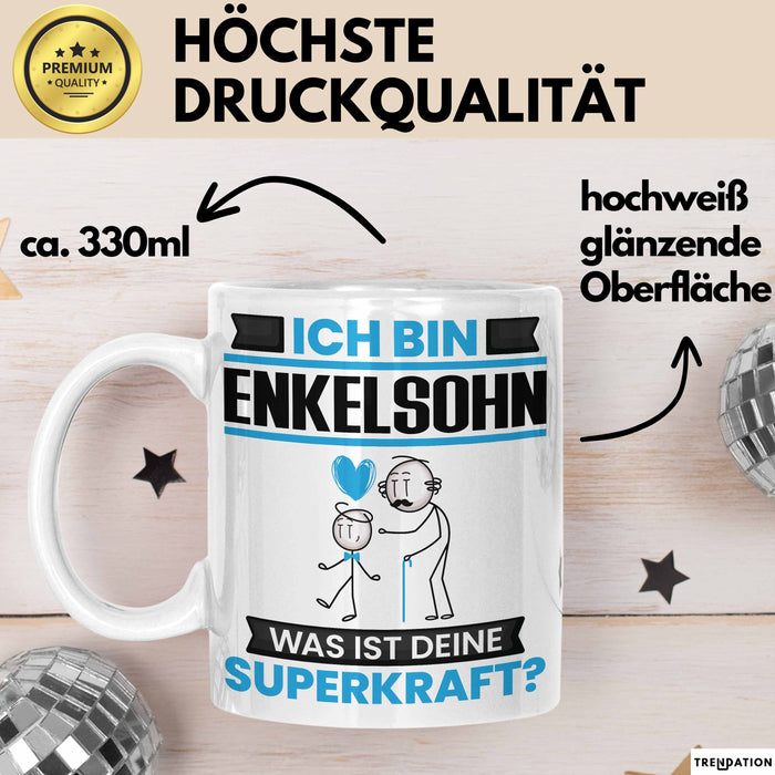 Enkelsohn Tasse Geschenk für Enkelsohn Geburtstag Lustiger Spruch Kaffee-Becher Was Ist Deine Superkraft Weiß Trendation