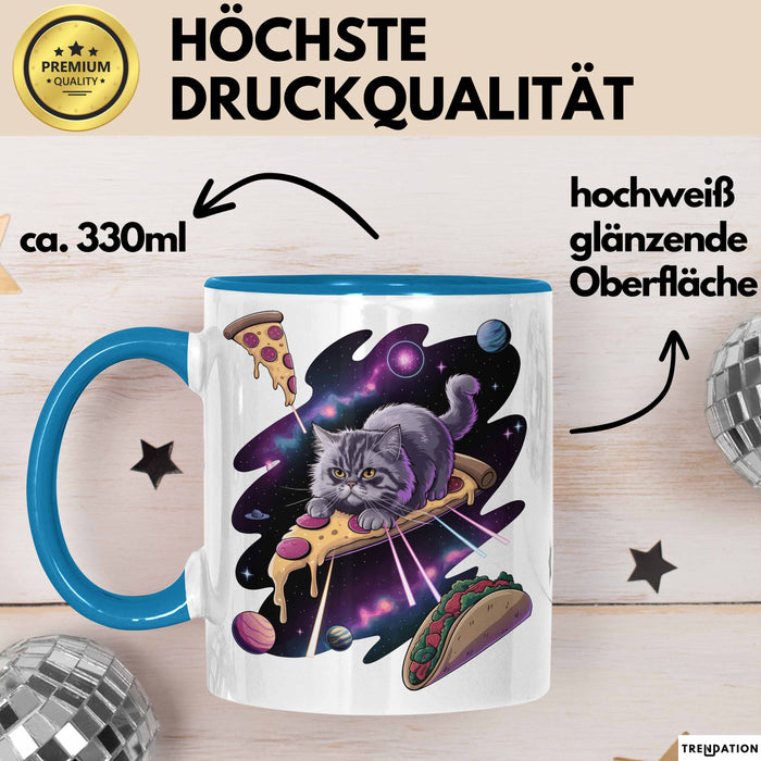 Pizzaesser Tasse Geschenk Katze isst Pizza im Weltall Lustig Blau Trendation