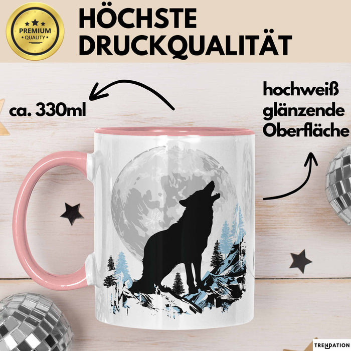 Wolf Tasse Geschenk Heulender Wolf Vollmond Grafik Geschenkidee Rosa Trendation