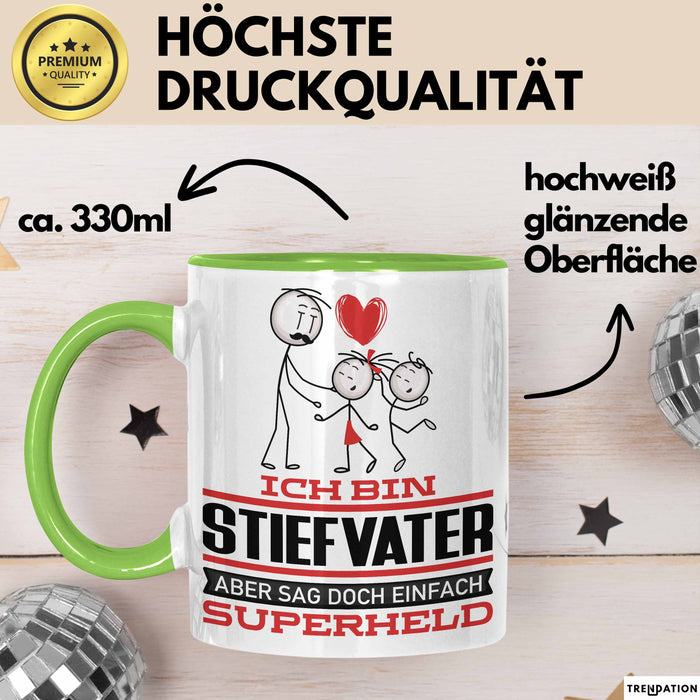 Stiefvater Geschenk Tasse Ich Bin Stiefvater Aber Sag Doch Einfach Superheld Lustige Geschenkdiee für Stiefvater Kaffee-Becher Grün Trendation